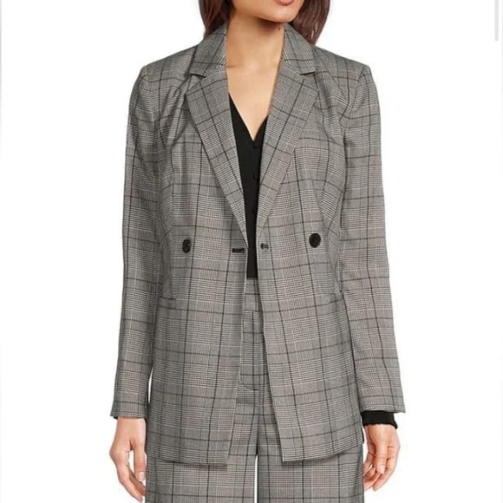 Calvin Klein Novelty Plaid Notch Collar Long Sleeve Blazer